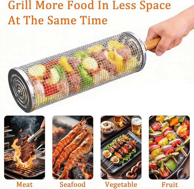 Rolling Grill Basket 2 Pcs, Removable Wooden Handle, 304 Stainless Steel, Smoker Grilling Accessories for Vegetable, Outdoor Cooking Camping, Birthday Gifts for Men Dad Husband (Large)