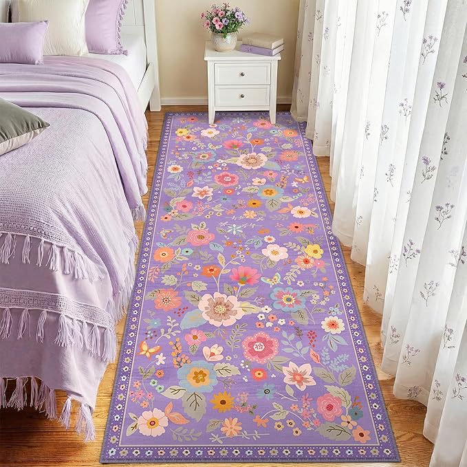 Floral Washable 2x6 Area Rugs Runner Entryway Hallway Purple/Pink | Flower Carpet, Print, Boho, Non-Slip, Easy to Clean, Low Pile, Soft, for Living Room Bedroom Kitchen Office Entrance