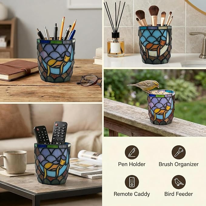 Stained Glass Hanging Cat Planter Pot, Orange Sleeping Cat Small Hanging Plant Pots Indoor, Blue Moon Flower Pot Plant Gifts