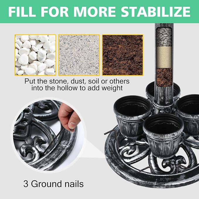 Bird Bath for Outside with 4 Removable Flower Planters 28in Polyresin Lightweight Vintage Birdbath for Outdoors Stake Standing Bowl and Water Feeder Yard Garden Decor Black