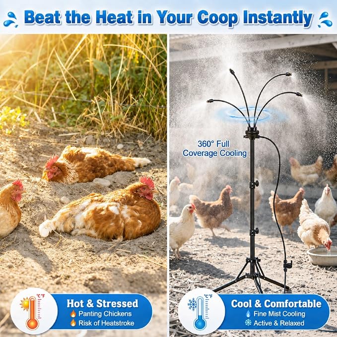 BobbleT Standing Misters for Chicken Coop, 5.3 FT Adjustable Poultry Cooling Misting System, 360° Full Coverage Cooling Portable Water Mister for Outside Patio, Helps Relieve Heat Stress, Reduce Dust