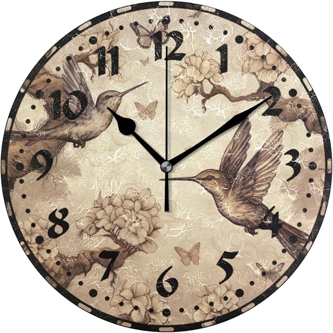 Hummingbirds Wall Clock, Silent Non Ticking 10 Inch Battery Operated Wall Clocks, Easy to Read Clock for Home Kitchen Living Room Bathroom Office Decor