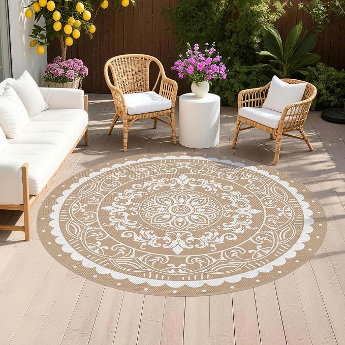 Pauwer Waterproof Outdoor Rug 6ft, Reversible Plastic Straw Patio Camping Rug, Indoor Outdoor RV Mat Carpet for Deck, Camper, Porch, Balcony, Backyard, Picnic, Paisley Brown
