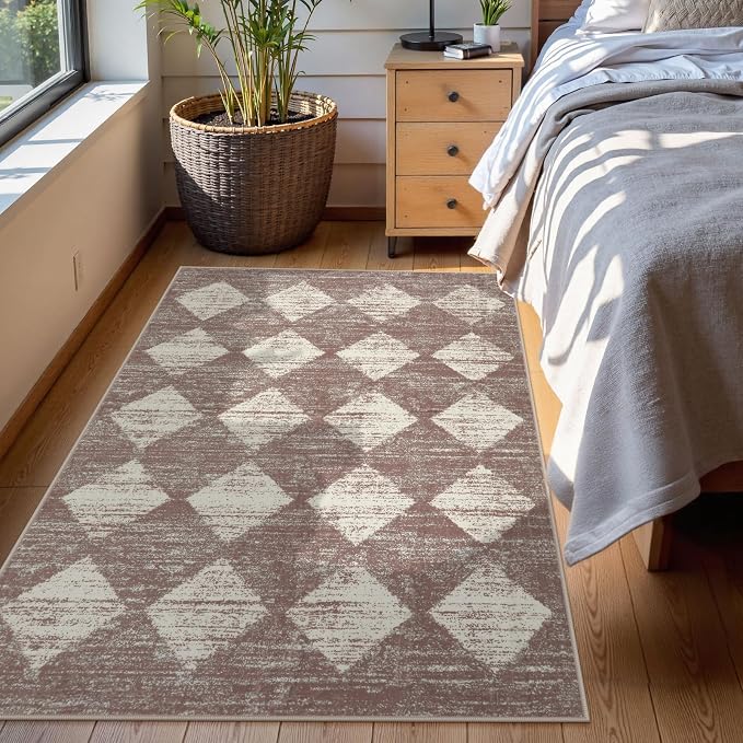 Lahome Zelie Moroccan Treills Area Rug, 3x5 Rugs for Living Room Washable Entry Mat, Checkered Modern Soft Beige Indoor Accent Carprt for Coffee Table Bedroom Family Dinning Room Playroom