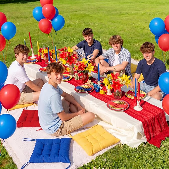 Extra Large Outdoor Picnic Blanket with Table Runner and Floor Pillow Cushion for Picnic Wedding Birthday Baby Shower Backyard Decor(91 x 71'',Deep Blue,Red,Lemon Yellow,8 Pcs)