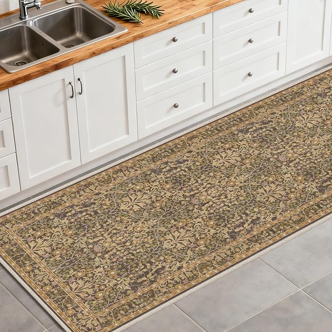Washable 2' x 6' Runners for Hallways, Non Slip Long Floor Runner for Kitchen, Entryway Indoor, Stain Resistant Rubber Backing Floral Decor Rug (Goldenrod)