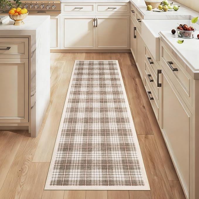 GarveeHome Checkered 2x6 Runner Rug, Machine Washable Stain Resistant Rug with Non Slip Backing, Carpet with Low-Pile for Hallways Kitchen Entryway Bedroom Living Room Beige
