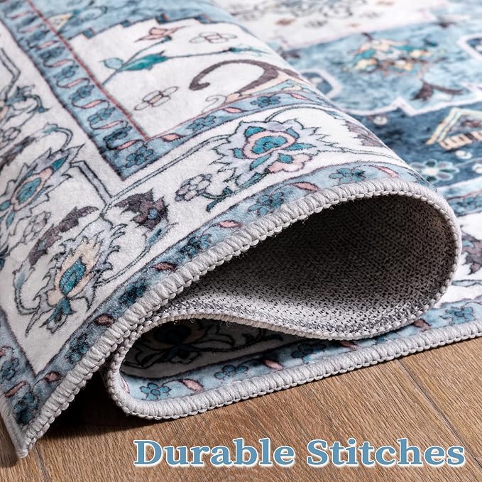 SERISSA 2x3 Washable Non Slip Boho Small Area Rug for Entryway | Ultra Soft Vintage Oriental Carpet Low-Pile Blue Indoor Mat for Bedroom Kitchen Bathroom Entrance Floor