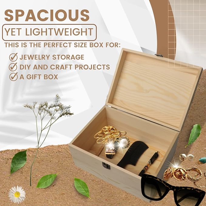10.71x8x5.66-Inch Unfinished Wooden Box with Hinged Lid & Front Clasp for DIY Art Project Crafts Woodcraft Keepsake - Easy to Stain Paint Wood Burning