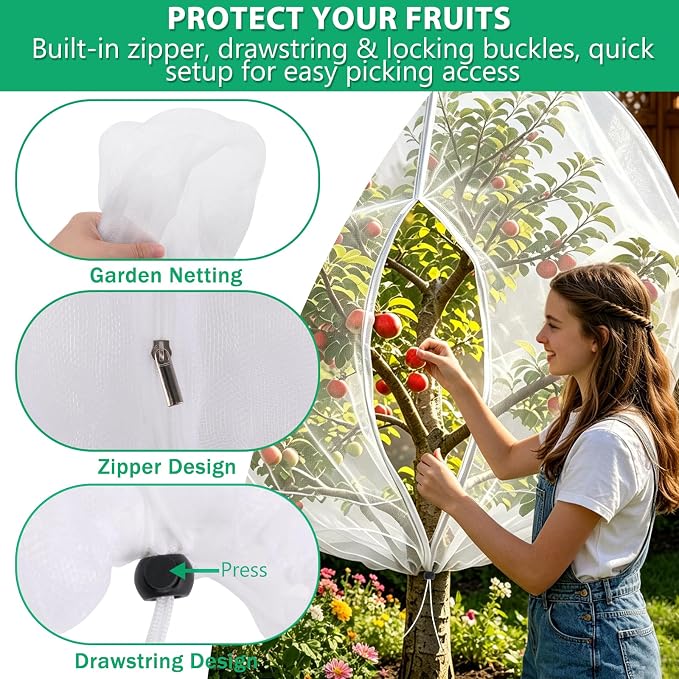 Bird Netting for Garden Protection, 2 Pack 13.2Ft x 9.84Ft Garden Netting | Fine Mesh with Zipper, Drawstring & Lock Buckle, Reusable Pest Barrier for Blueberry, Keeps Birds, Squirrels & Insects Away