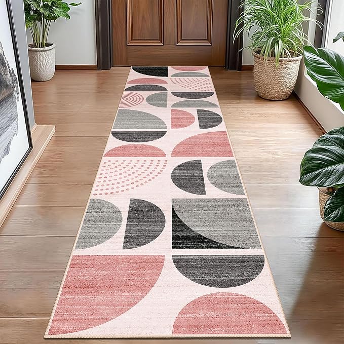 Pink Runner Rug Washable,Boho 2x8 Area Rugs Non Slip Modern Abstract | Long Throw Carpet for Hallways Kitchen Bedroom Entryway Bathroom Laundry Soft Low Pile Floor Indoor Bohemian Pink and Grey