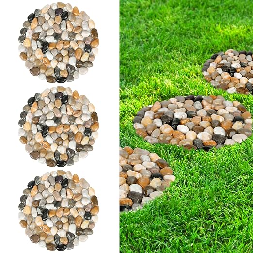 River Rock Stepping Stones Outdoor for Garden Walkway, 10 inch Diameter 3 Pcs Round Shape Paver Step Stones Polished Pebble River Stone Mat for Yard Lawn Patio Pathway Walk Way - Multi-Color