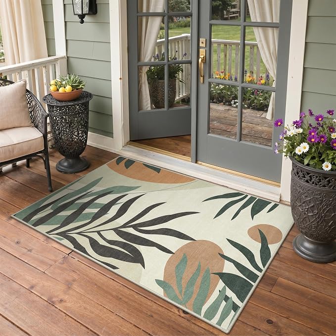 GENIMO Outdoor & Indoor Area Rug 3'x5', Waterproof, Non-Shedding, Easy Cleaning, Leaf Mat for Patio, Living Room, Balcony, Dining Room, RV, Deck, Bedroom, Camping, Outside Carpet, Beige Grey