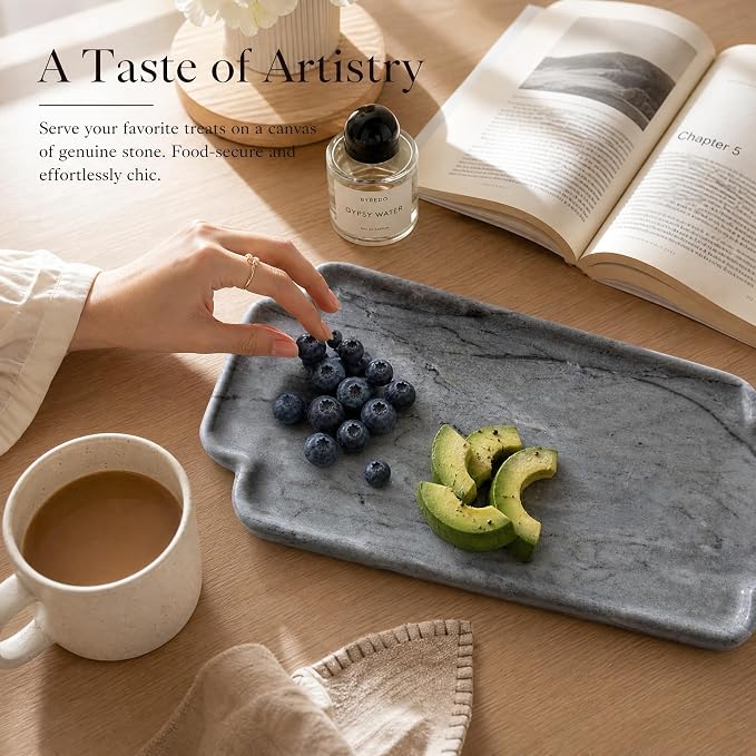 Natural Marble Scalloped Tray 12in Solid Stone Vanity Organizer | Grey Natural Marble Scalloped Vanity Tray 11.8x5.9" Hand-Polished Stone Dish for Candle, Jewelry, Bathroom Decor