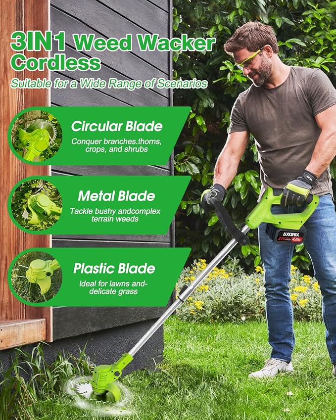 21V Weed Wacker Cordless, Electric Weed Eater Battery Powered | 2Pcs 4000mAh Batteries, 3 Types Blades, Lightweight Cordless Brush Cutter, Stringless Grass Trimmer, Green