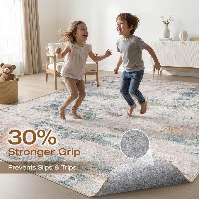 LOONGRUG 5x7 Area Rug Washable Neutral Modern Living Room Rug Teal Brown | Abstract Soft Stain Resistant Indoor Floor Non-Slip Carpet for Bedroom Nursery Kids Office Playroom