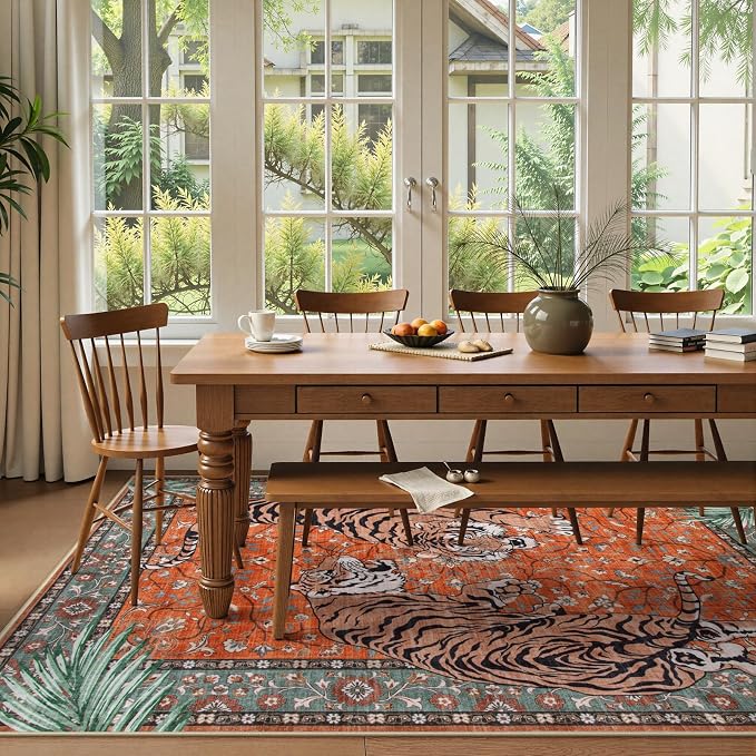 Moynesa Tiger 5x7 Area Rug, Boho Washable Living Room Rug, Non Slip Rugs for Bedroom, Ultra Thin Vintage Soft Stain Resistant Throw Floor Carpet for Office Dining Room, Rust