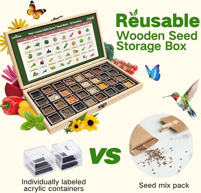 Lush&Dew Year-Round USDA Zone 7 Seed Bank, Gift for Mom Dad, 32 Varieties Non-GMO Heirloom Seeds of Vegetables Flowers, Gardening Gifts for Women Men, Survival Kit for Raised Garden Bed Greenhouse
