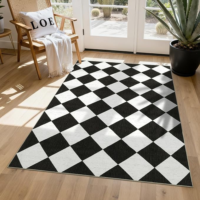 GarveeHome 3x5 Checkered Area Rug Non Slip Washable Entryway Bedroom Rug | Modern Geometric Plaid Black and White Carpet Classic Throw Mat for Kitchen Bedside Kids Room Office Dining Room
