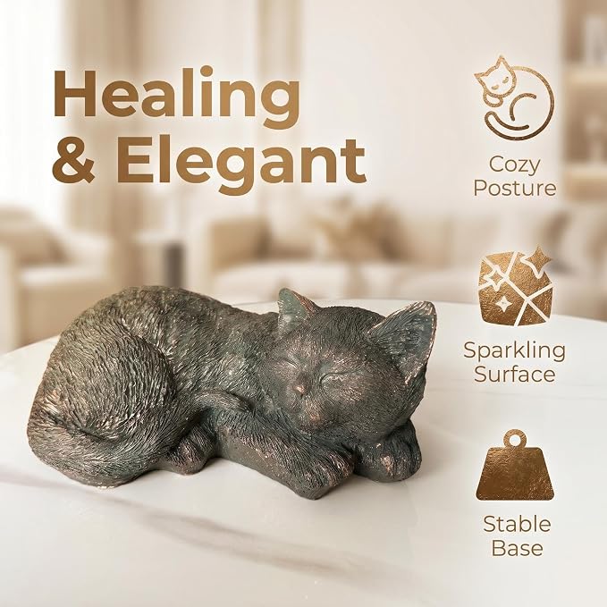 Sleeping Cat Statue Outdoor Garden, Bronze Patina Resin Sculpture, Cat Statues Indoor Outdoor Decor for Garden Patio Yard Lawn, Unique Pet Memorial Ornament, Thoughtful Keepsake Gift for Cat Lovers