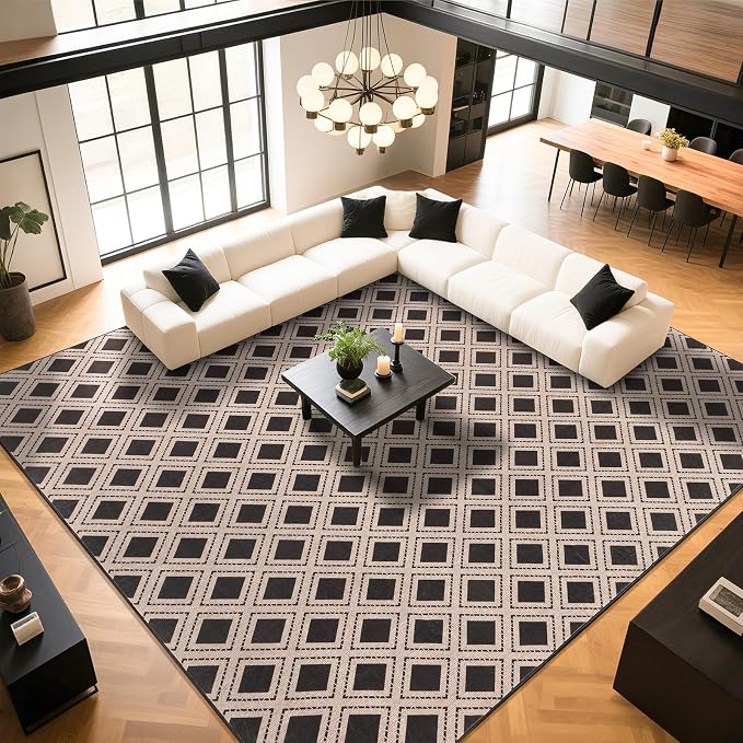 LBRO2M Machine Washable Rug Soft Pet Friendly Carpet 9X12 Black | Checkered Rug 9X12 for Living Room, Bedroom, Dining Room, Home Office, Non Slip Carpet, Foldable Stain Resistant Rugs