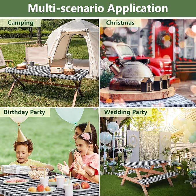 Picnic Table Cover with Bench Covers and Bag, Camping Table Camping Essentials Cover with Elastic Edges(Black)