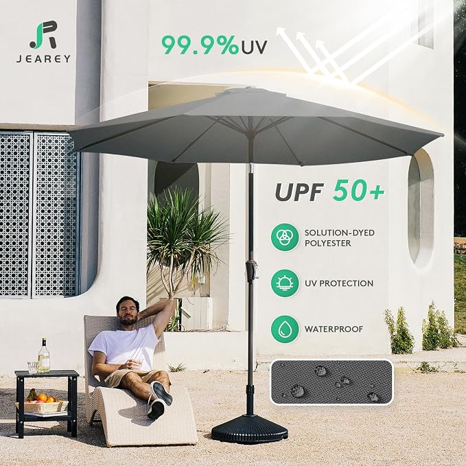 JEAREY 10FT Outdoor Patio Umbrella Outdoor Table Umbrella with Push Button Tilt and Crank, Market Umbrella 8 Sturdy Ribs UV Protection Waterproof for Pool, Garden (Gray)