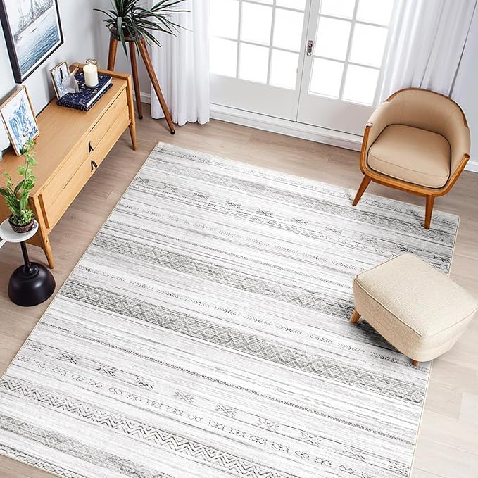 Boraya Area Rugs for Living Room: 8x10 Washable Boho Rug for Bedroom Large Neutral Bohemian Moroccan Farmhouse Geometric Dining Room Rugs Ultra Soft Floor Carpet Indoor for Home Office - Grey Ivory