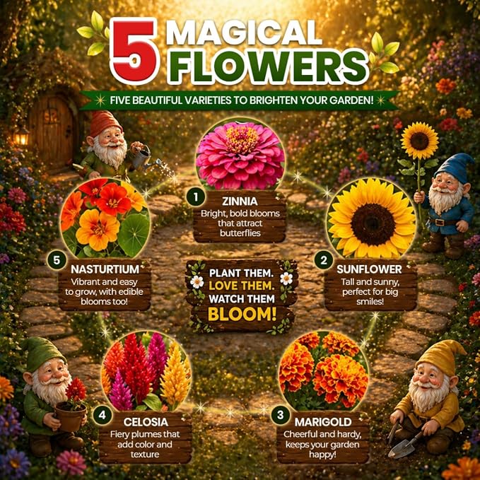 Gnome Garden Seed Kit - 5 Flower Seeds Varieties - Reach Milestones, Get Keepsakes - Dwarf Zinnia, Dwarf Sunflower, Celosia, Marigold, Nasturtium - Flower Seeds for Pollinators, Indoor, Outdoor