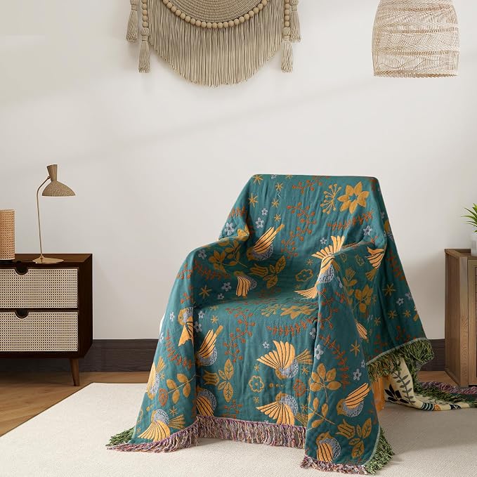 Phuryllic Boho Throw Blanket Full Size, Extra Large Soft Cozy Cotton Muslin Quilt Blanket for Bed Decor, Bird Patterned Couch Sofa Chair Cover, Vintage Farmhouse Cottage Woven Blanket, Green&Beige