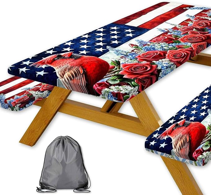 Picnic Table Cover with Bench Covers, Waterproof Elastic Fitted Tablecloths for 6 Foot Rectangle Tables, Washable American Flag Tablecloth for Camping, Outdoor (Red & Blue, 30"x96")