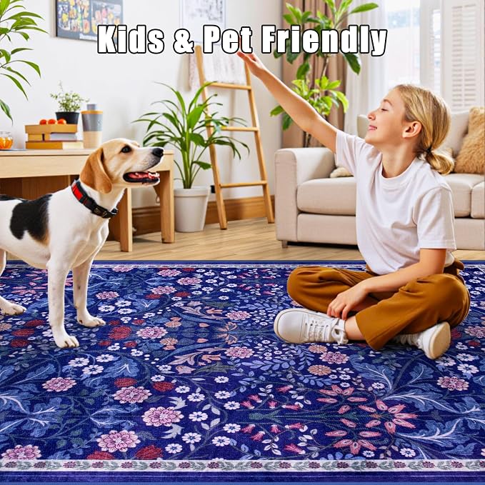 PLHXFR 6x9 Area Rug Living Room: Floral Washable Boho Soft Carpet Blue | For Bedroom Dining Room Farmhouse Nursery Hallway,Vintage Floral,Machine washable,Non Slip,Stain Resistant,Large Indoor