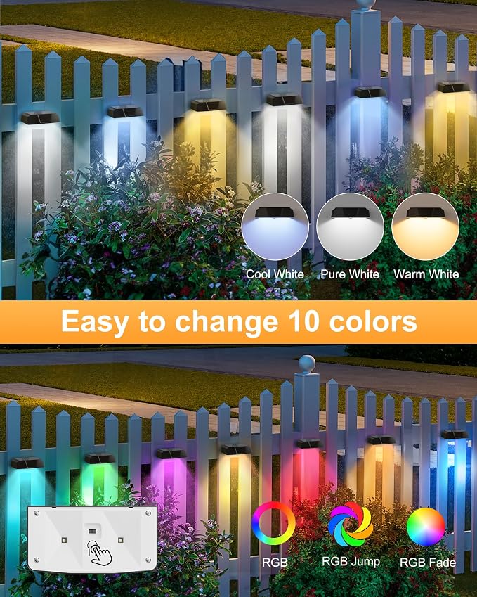 Brightown 6 Pack Solar Lights Outdoor Waterproof, Color Changing Solar Fence Deck Step Flood Lights, 7 RGB & Warm White/Cool White, IP65 Waterproof Garden Light for Yard