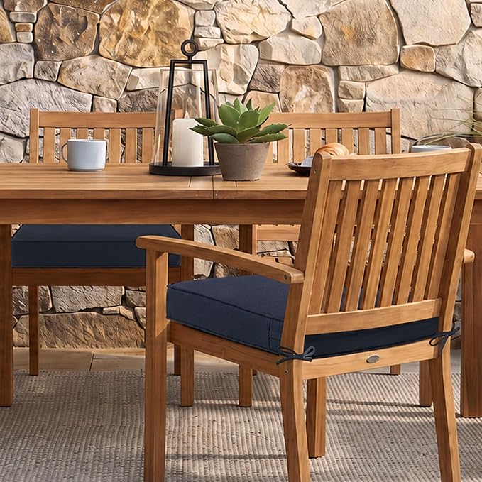 Sunbrella Square Corner Seat Cushions, 19" x 19" x 3", Set of 4, Indoor Outdoor Water Repellent Universal Chair Pads with Ties for Patio Furniture, Garden Deck Dining Chairs, Canvas Navy Blue