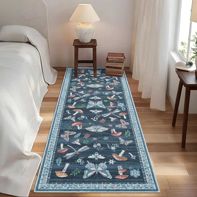 ROYHOME Mushroom Insect Rug 2x6 Runners for Hallways, Boho Kitchen Runner Rugs Non Slip Bath, Modern Washable Rug for Bedroom, Soft Long Rugs for Entryway Bathroom Laundry Dorm, Blue