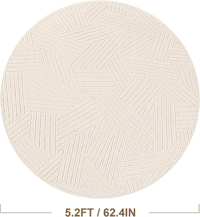 Carvapet 5.2ft Round Rug Beige Washable High Low Pile Carpet | Soft plush washable carpet with high low pile texture and non slip backing for living rooms, bedrooms and family spaces