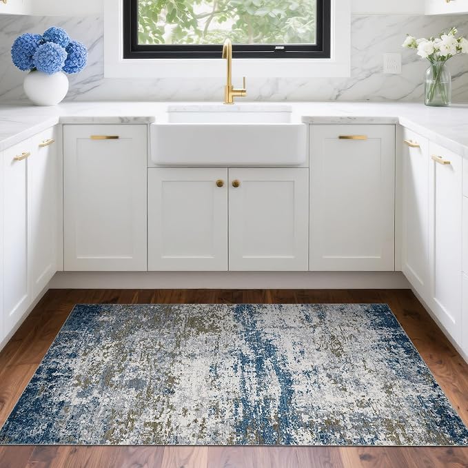 ROYHOME Modern Abstract 2x3 Area Rug Non Slip, Navy | Non Shedding Low Pile Stain Resistant Rug for Entryway Kitchen Bedroom