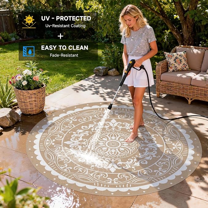 Pauwer Waterproof Outdoor Rug 8ft, Reversible Plastic Straw Patio Camping Rug, Indoor Outdoor RV Mat Carpet for Deck, Camper, Porch, Balcony, Backyard, Picnic, Paisley Brown