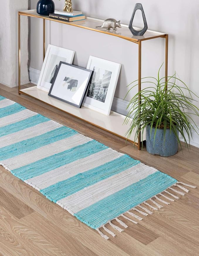 Unique Loom Chindi Rag Collection Area Rug - Striped (2' 2" x 8' Runner, Turquoise and Ivory)