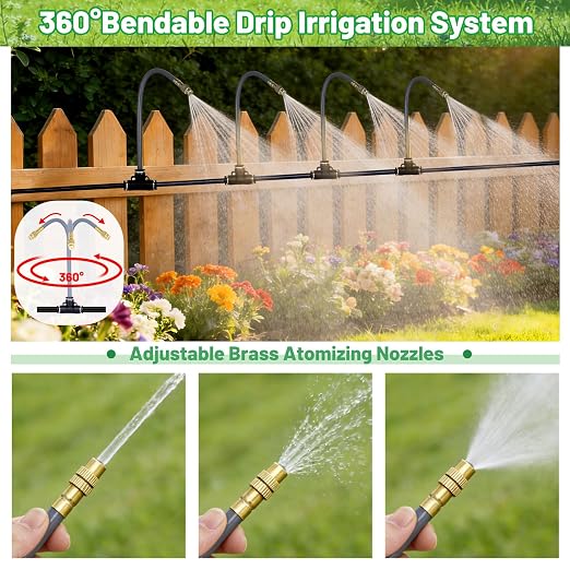 360° Adjustable 1/4" Drip Irrigation System Kits,Bendable Watering Misting Irrigation System, Garden Watering Atomizing System with 15 Nozzles for Garden Irrigation System (No Include 1/4" Tubing)