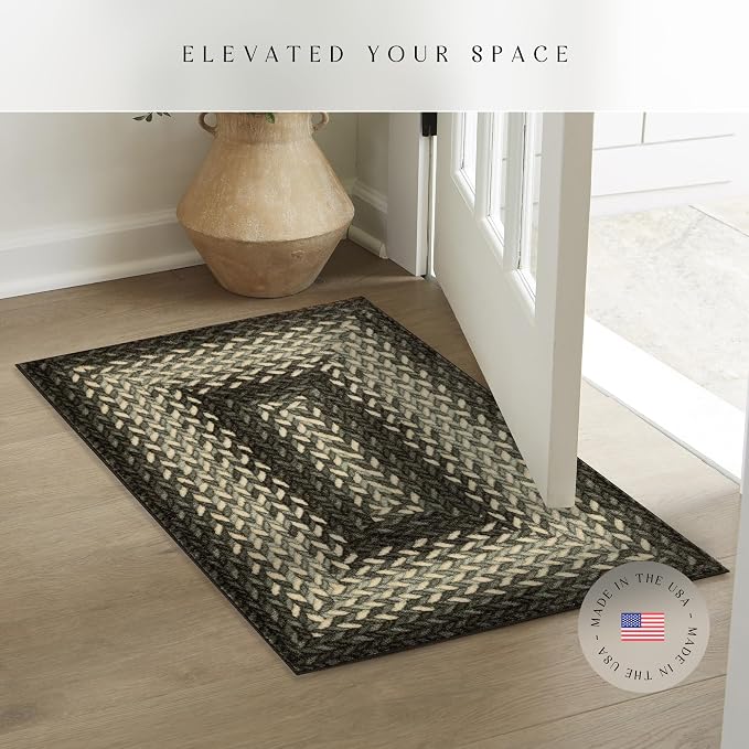 Maples Rugs Marion Bohemian Braided-Style Print Area Rug – Made in USA – Washable, Non-Slip Low-Profile Indoor Throw Rug for Foyer, Kitchen & Bathroom, 34" x 20", Black