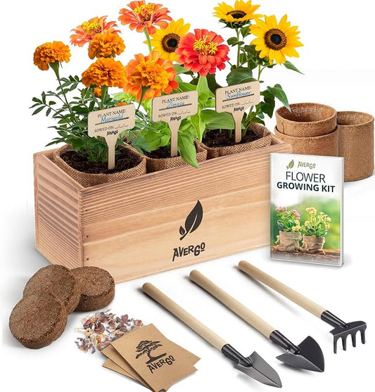 AVERGO Sunflower, Marigold & Zinnia Flower Seeds Growing Kit | Complete Indoor & Outdoor Kit with Seeds for Planting, Planters, Soil, Tools, Instructions