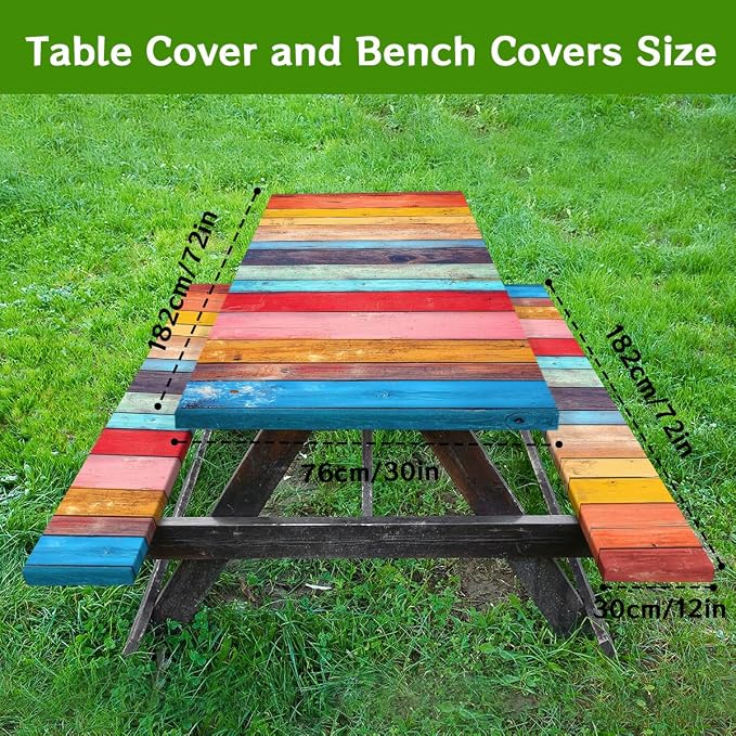 Wood Vintage Picnic Table Cover with Bench Covers and Carrying Bag, Retro Abstract Wood Texture Rectangle Table Cover Outdoor Patio Camping Essentials 72 inch 4PCS Camping Fitted Tablecloth