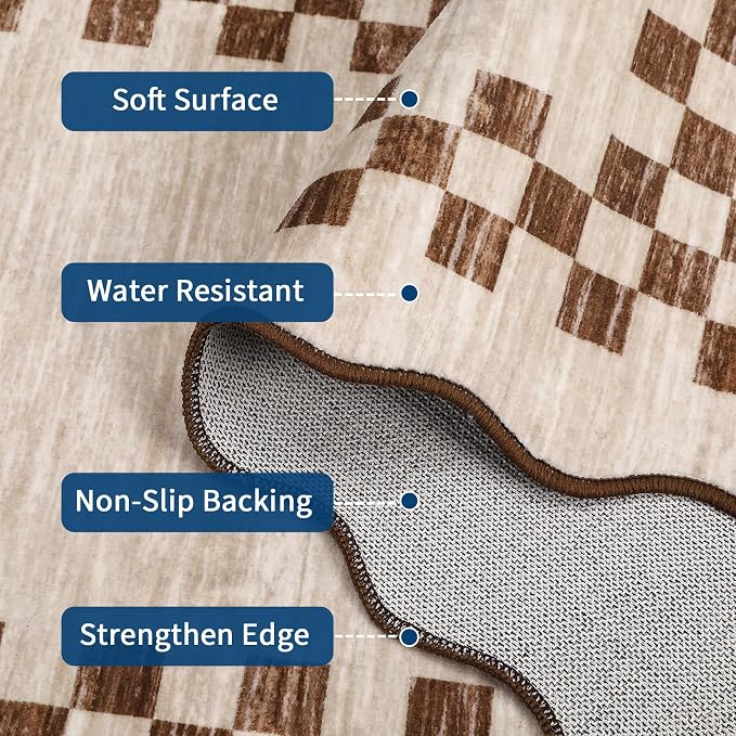 GarveeHome 4x6 Area Rug Small Washable Living Room Carpet Scalloped Rug | with Rubber Backing Stain Resistant Low Pile Dining Room Throw Carpet Modern Bordered Mat for Bedroom Kitchen, Beige
