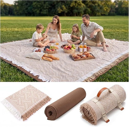 Genovega 2 in 1 Extra Large Rug Outdoor Picnic Blanket Waterproof Woven Boho Mat Giant Beach Towel Travel Essential Yoga Accessories Park Patio Lawn Garden Ground Music Festival Concert Must Have