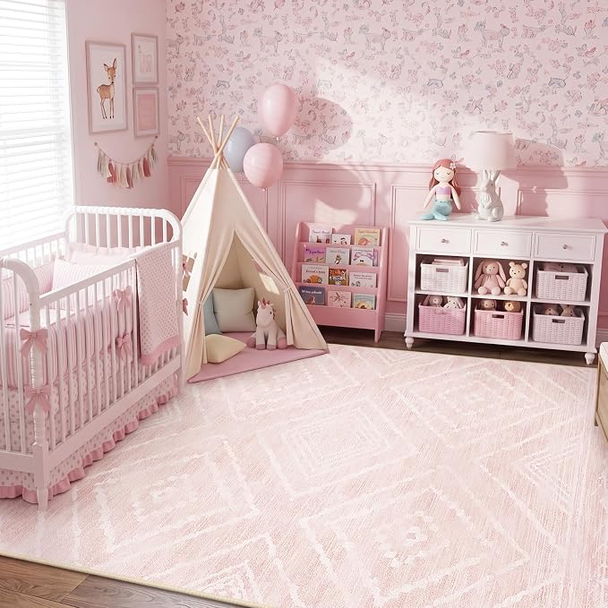 6'x9' Washable Area Rug for Living Room Bedroom Lightpink | Soft Western No Slip Low Pile Print Foldable Indoor for Kitchen Dining Room