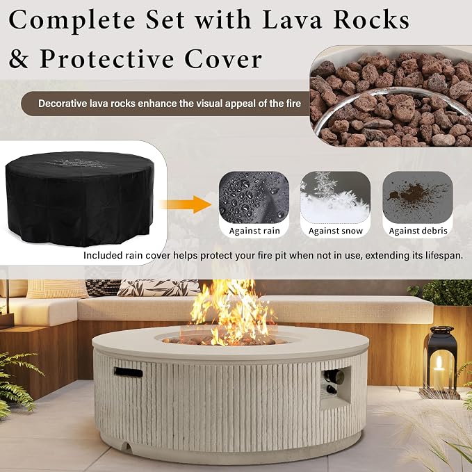 Merax 38.19'' MGO Propane Outdoor Fire Pit with Vertical Stripe Design, 50000 BTU Round Fire Pit Table with Steel Burner, Adjustable Flame Control, Lava Rocks & Rain Cover for Patio&Backyard, Beige