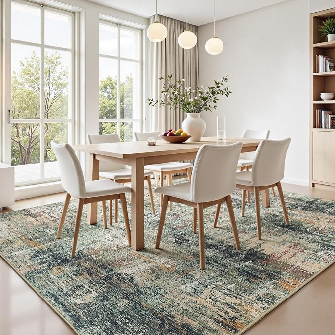 5x7 Area Rug for Living Room, Abstract Washable Non-Slip Rugs, Coffee/Green | Neutral Modern Carpet for Bedroom Dining Room Home Office Nursery, Stain Resistant Non-Shedding Foldable Indoor Rug