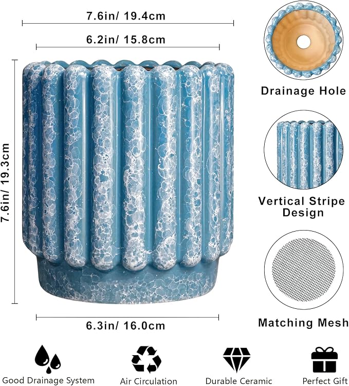 Ceramicfor Ceramic Planter, 7.6 Inch, Blue | Drainage Hole, Fluted Round Design, Indoor Outdoor Use, Decorative Flower Pot