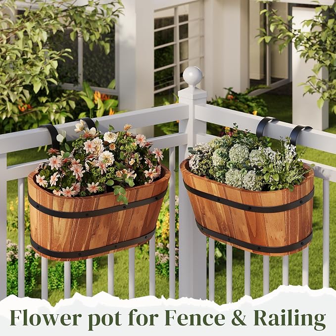 Railing Planters for Outdoor Plants Balcony Hanging Flower Pots with Detachable Hooks, Window Flower Box Hanging Bucket Pots Fence Planters for Garden Home Decor (Brown-2pack, Large)